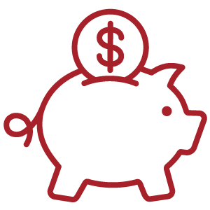 Red icon of a piggybank receiving a coin